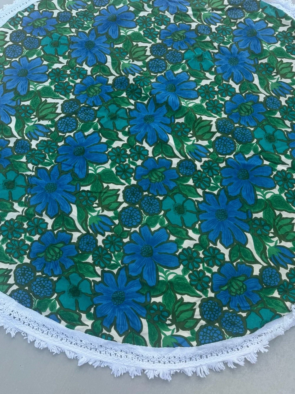 Vintage Retro Blue White Floral Round Tablecloth with Fringe Groovy